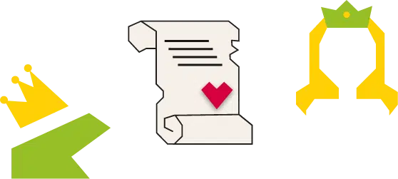 Frog, scroll letter and crown