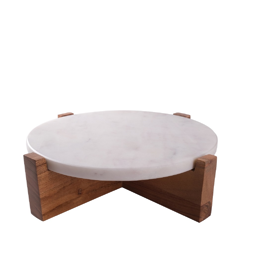 ΣΤΡΟΓΓΥΛΟ ΛΕΥΚΟ ΣΤΑΝΤ ΑΠΌ ΜΑΡΜΑΡΟ ΜΕ ΞΥΛΙΝΟ ΠΟΔΙ ΑΚΑΚΙΑΣ 38Χ38Χ11.5ΕΚ